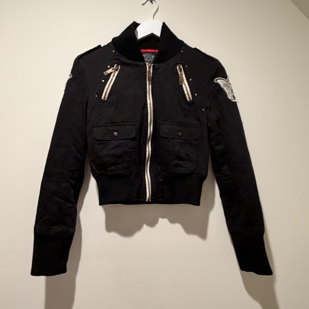 Blac Label Pink Women Black Cropped Bomber Jacket Red Quilted Lining Gothic M